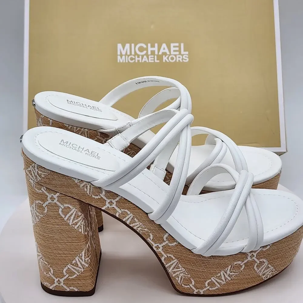 NEW Michael Kors Corrine Platform Leather Chain Sandals White Women's Size 8.5M
